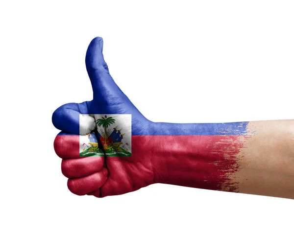 Ręcznie Robiący Kciuk Góry Malowany Flagą Haiti — Zdjęcie stockowe