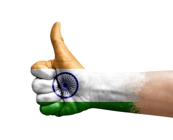 Рука Делает Большой Палец Вверх Раскрашенный Флагом Индии — стоковое фото