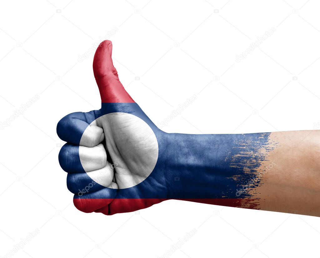 Hand making thumb up painted with flag of laos