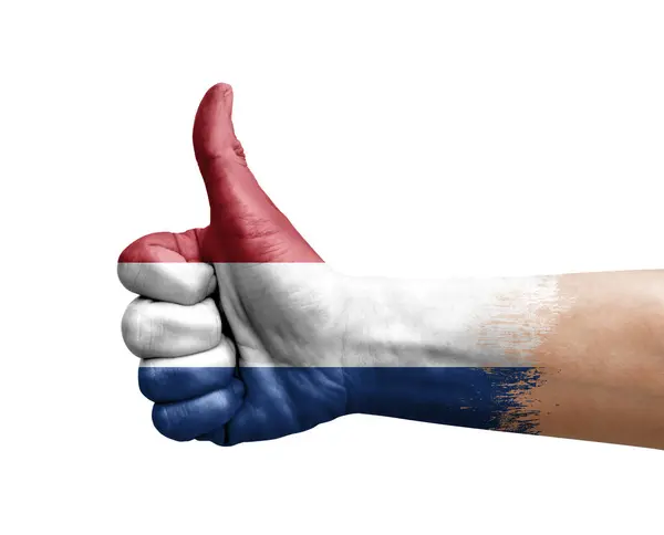 Tangan Membuat Jempol Dicat Dengan Bendera Netherlands — Stok Foto