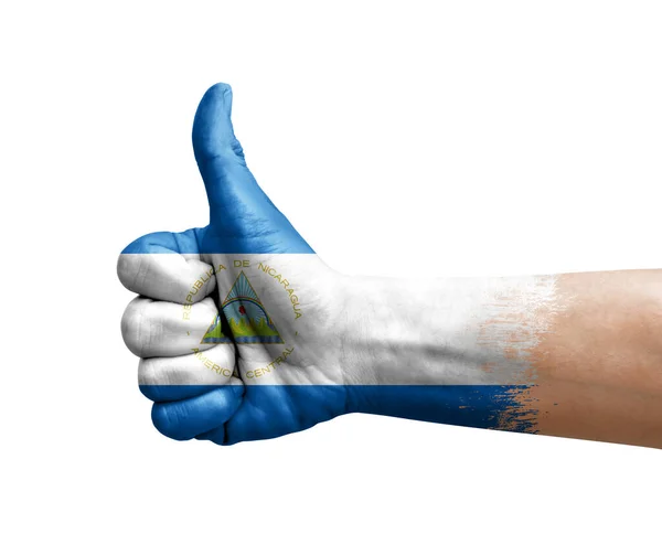 Рука Делает Большой Палец Вверх Окрашенный Флагом Никарагуа — стоковое фото