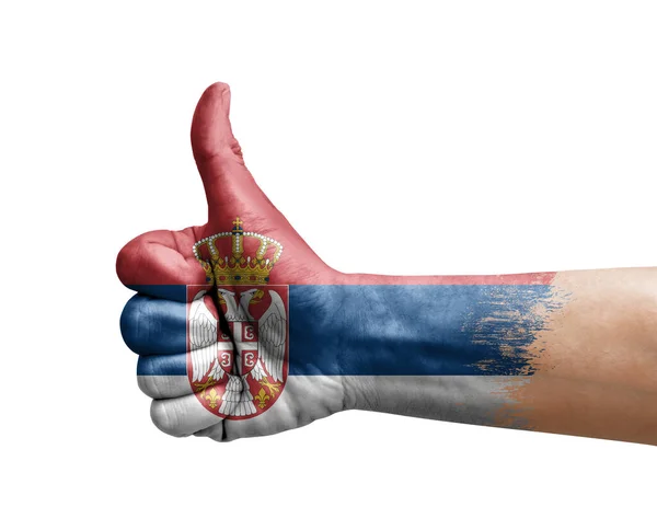 Рука Робить Великий Палець Намальований Прапором Сербії — стокове фото