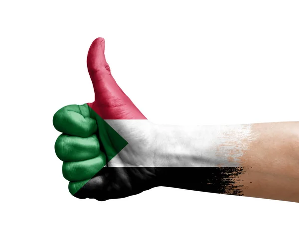 Mão Fazendo Polegar Para Cima Pintado Com Bandeira Sudan — Fotografia de Stock