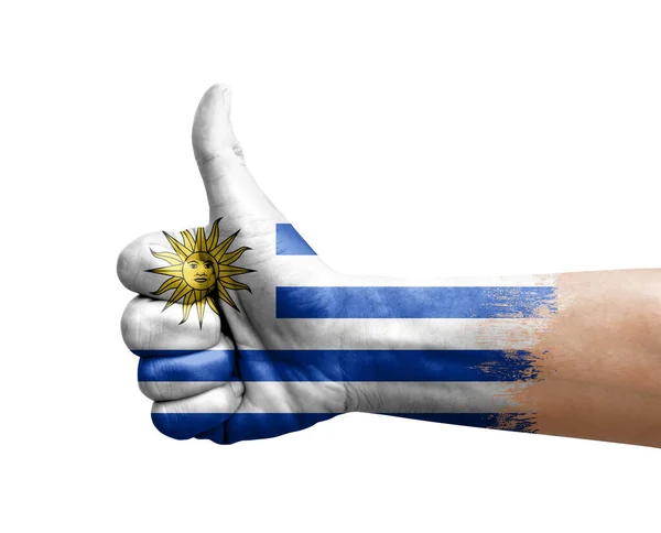 Mano Facendo Pollice Dipinto Con Bandiera Uruguay — Foto Stock