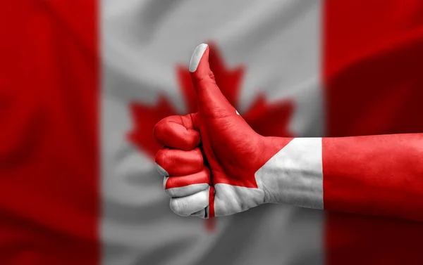 Mão Fazendo Polegar Para Cima Pintado Com Bandeira Canadá — Fotografia de Stock