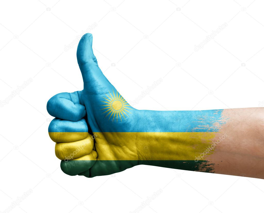 Hand making thumb up painted with flag of rwanda