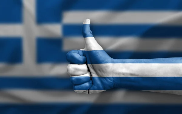 Рука Делает Большой Палец Вверх Окрашенный Греческим Флагом — стоковое фото
