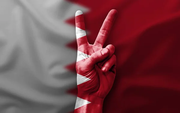 Hand Making Victory Sign Flag Bahrain — Photo