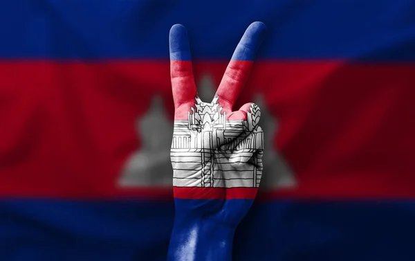 Hand Making Victory Sign Flag Cambodia — Photo