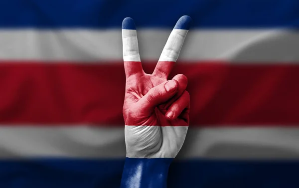 Hand Making Victory Sign Flag Costa Rica — Zdjęcie stockowe