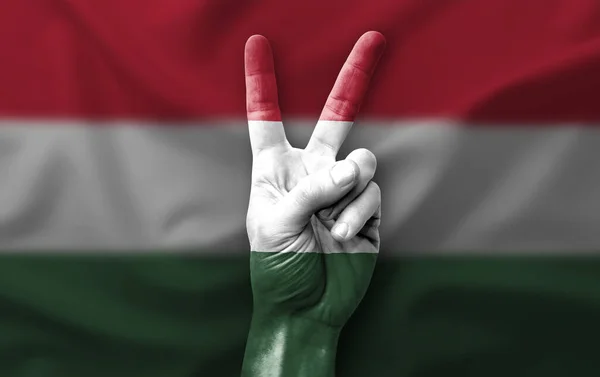 Hand Making Victory Sign Flag Hungary — Foto Stock
