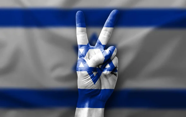 Kézzel Készíti Győzelmi Jelet Izraeli Zászlóval — Stock Fotó