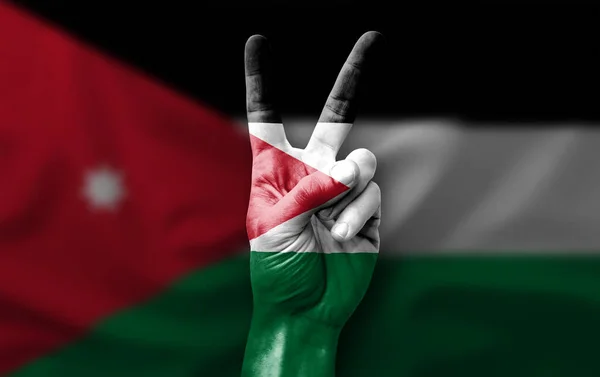 Hand Macht Das Siegeszeichen Mit Jordanischer Flagge — Stockfoto