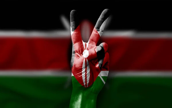 Hand Making Victory Sign Flag Kenya — Foto Stock