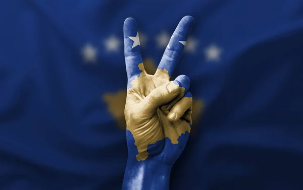 Hand Making Victory Sign Flag Kosovo — Stock Photo, Image