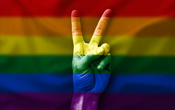 Hand Making Victory Sign Flag Lgbt Pride — Stock Photo, Image