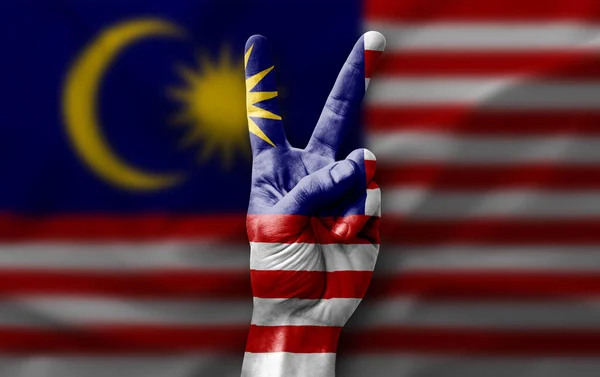 Hand Making Victory Sign Flag Malaysia — Fotografia de Stock