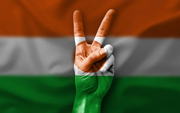 Hand making the V victory sign with flag of niger