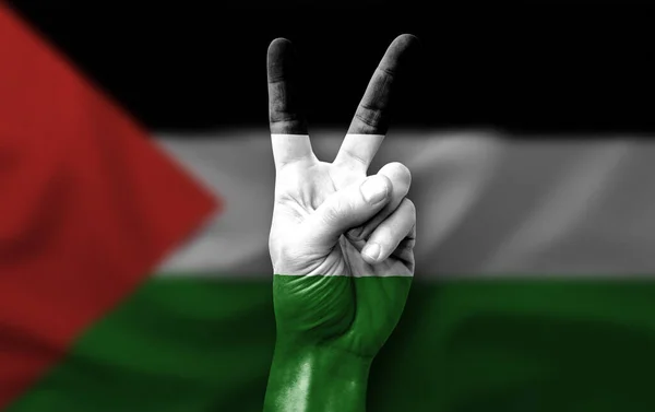 Hand Making Victory Sign Flag Palestine — Stock Photo, Image