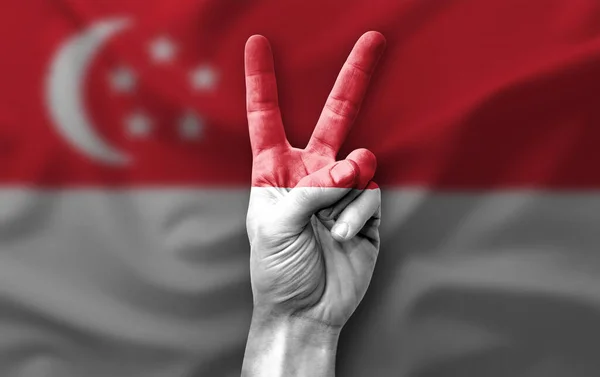 Hand Making Victory Sign Flag Singapore — Stock Photo, Image
