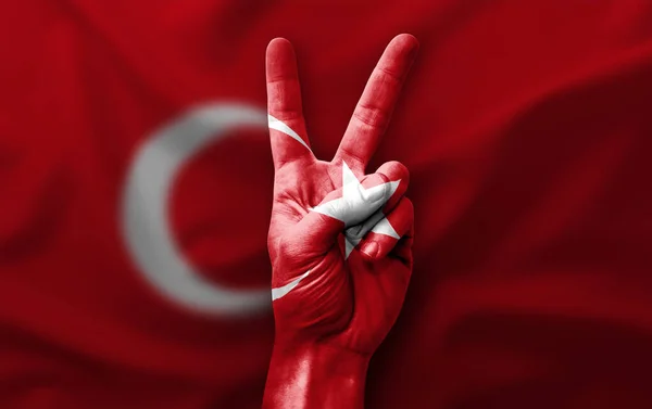 Hand Making Victory Sign Flag Turkey — Stok fotoğraf