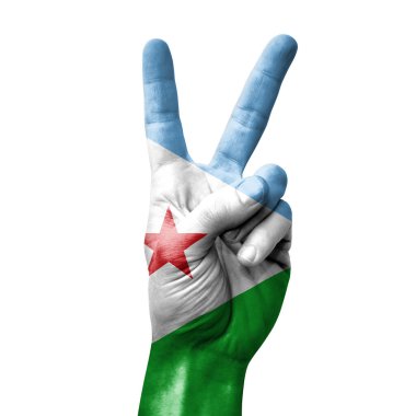 Hand making the V victory sign with flag of djibouti