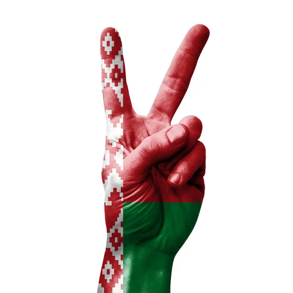 Hand Making Victory Sign Flag Belarus —  Fotos de Stock