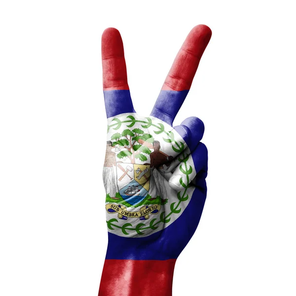 Hand Maken Van Overwinning Teken Met Vlag Van Belize — Stockfoto