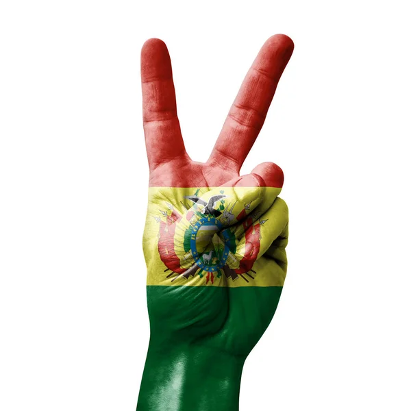Ręka Robi Znak Zwycięstwa Flagą Bolivii — Zdjęcie stockowe
