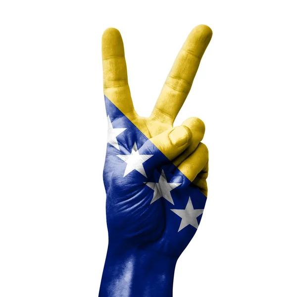 Hand Making Victory Sign Flag Bosnia — Zdjęcie stockowe