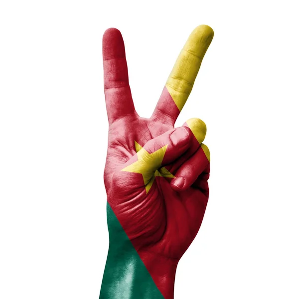 Hand Making Victory Sign Flag Cameroon — Stockfoto
