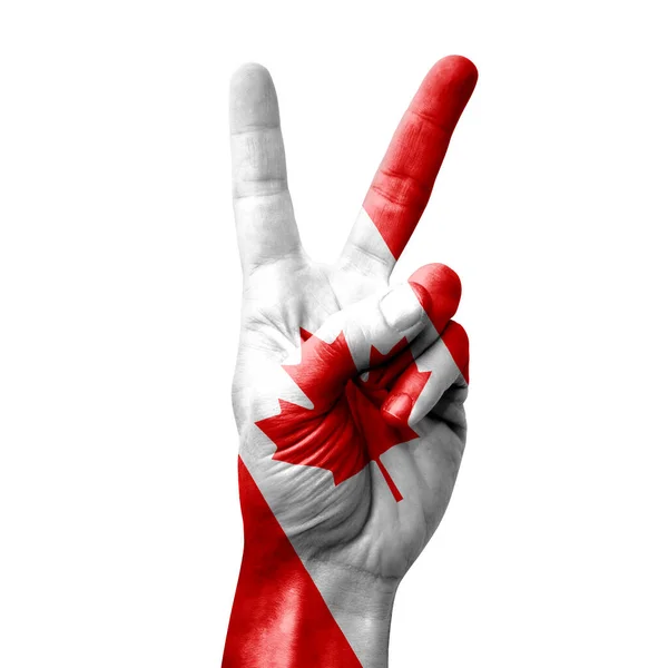 Hand Making Victory Sign Flag Canada — Fotografia de Stock