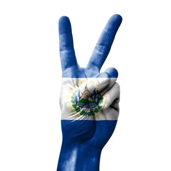 Mano Haciendo Señal Victoria Con Bandera Del Salvador —  Fotos de Stock