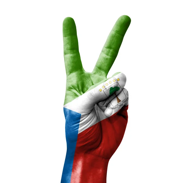 Hand Making Victory Sign Flag Equatorial Guinea — Stockfoto