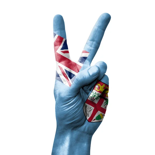 Ruku Znamení Vítězství Vlajkou Fidži — Stock fotografie