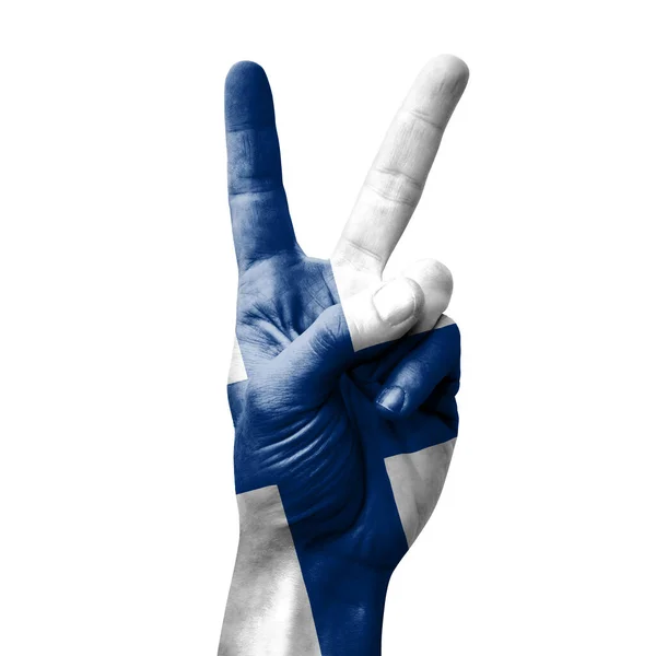 Hand Making Victory Sign Flag Finland — Zdjęcie stockowe