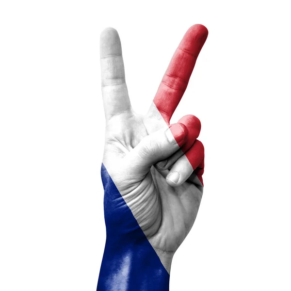 Tangan Membuat Tanda Kemenangan Dengan Bendera Perancis — Stok Foto