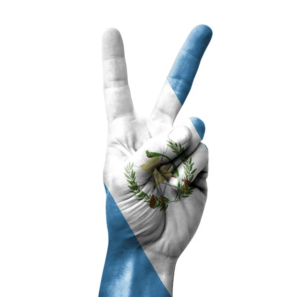 Hand Making Victory Sign Flag Guatemala — Foto Stock