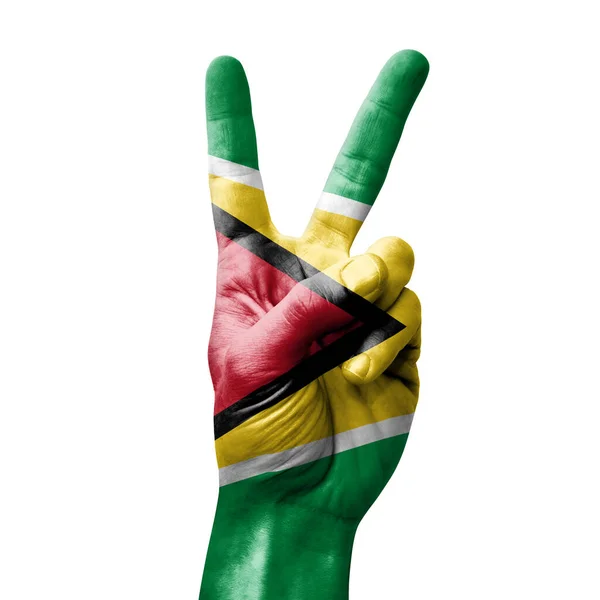 Hand Making Victory Sign Flag Guyana — Stock Photo, Image