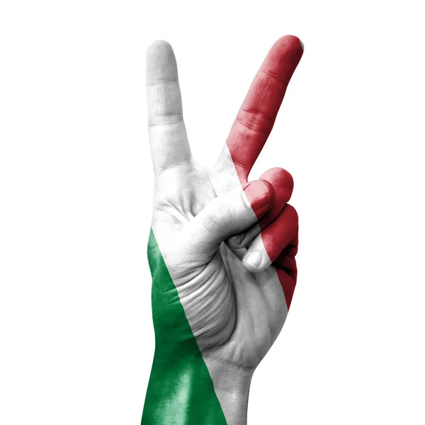 Mano Haciendo Señal Victoria Con Bandera Italia —  Fotos de Stock