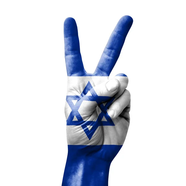 Main Faisant Signe Victoire Avec Drapeau Israël — Photo