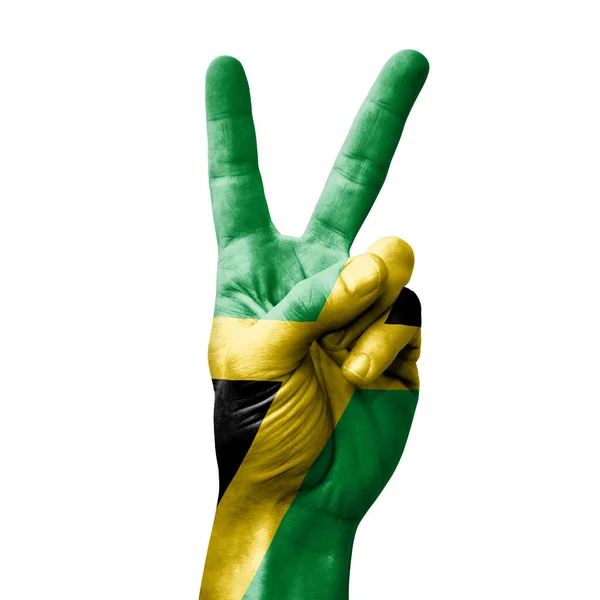 Hand Making Victory Sign Flag Jamaica — Stock Photo, Image