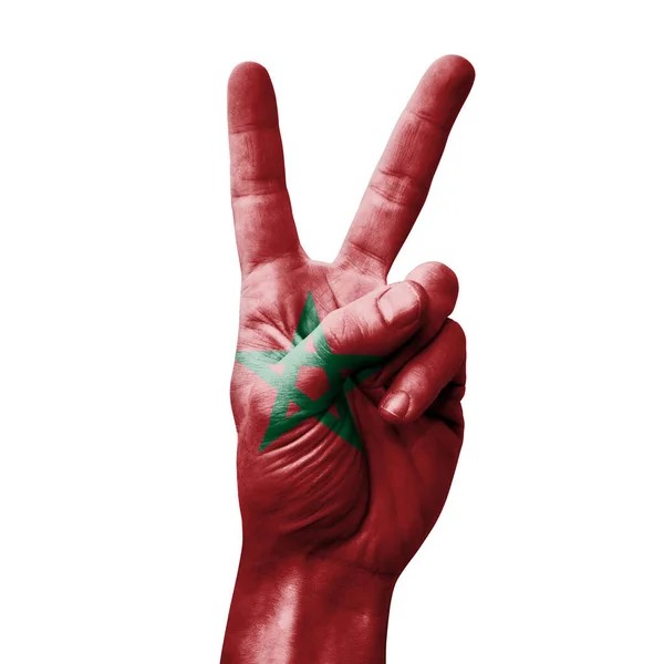 Mano Haciendo Señal Victoria Con Bandera Morocco —  Fotos de Stock