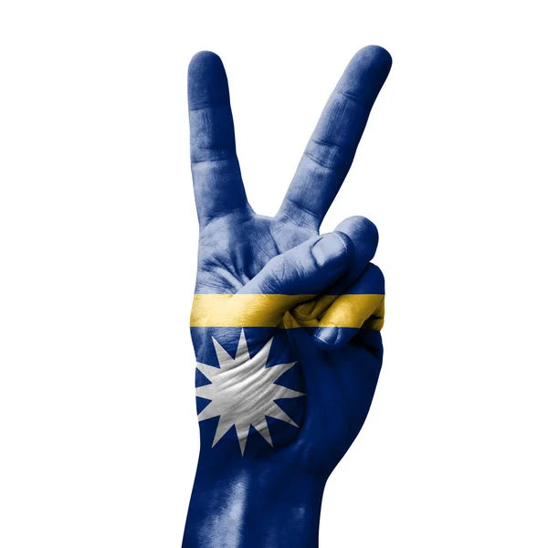 Hand Making Victory Sign Flag Nauru — Zdjęcie stockowe