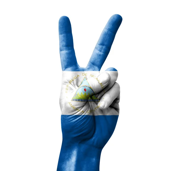 Hand Making Victory Sign Flag Nicaragua — Stock fotografie