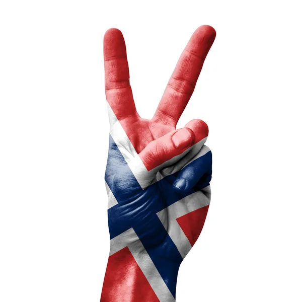 Mano Haciendo Señal Victoria Con Bandera Norway — Foto de Stock