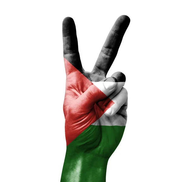 Hand Making Victory Sign Flag Palestine — Stock Photo, Image