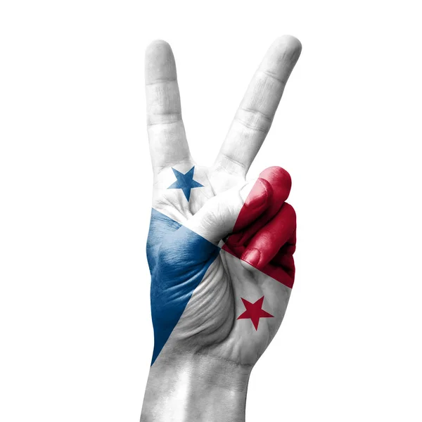 Рука Делает Знак Победы Флагом Панамы — стоковое фото