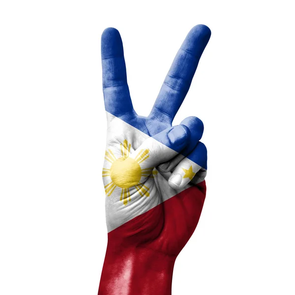 Tangan Membuat Tanda Kemenangan Dengan Bendera Philippines — Stok Foto