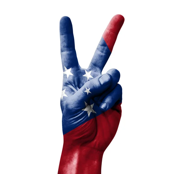 Hand Making Victory Sign Flag Samoa — Stockfoto